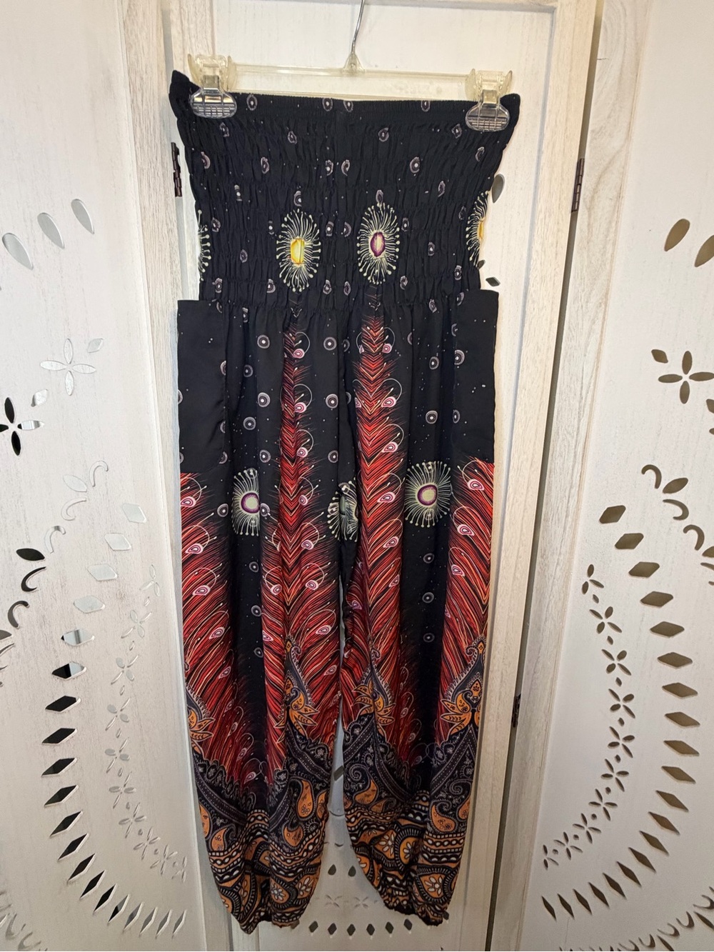 Black Boho Printed Smocked Waist Hippie Pants